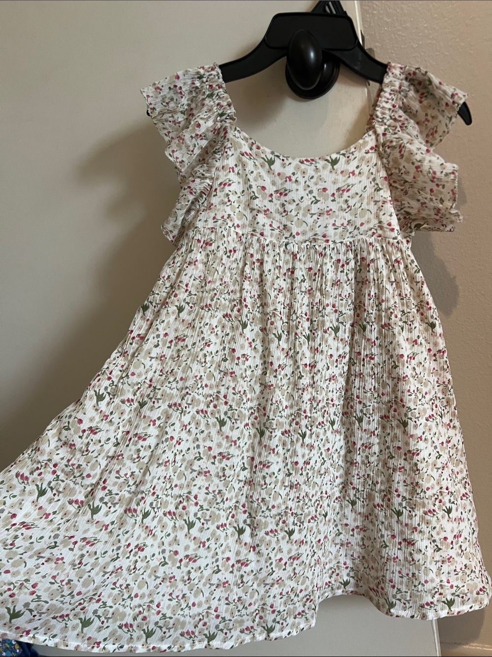 Peek Cream Floral Ruffle-Sleeve Dress with Pink and Green Accents